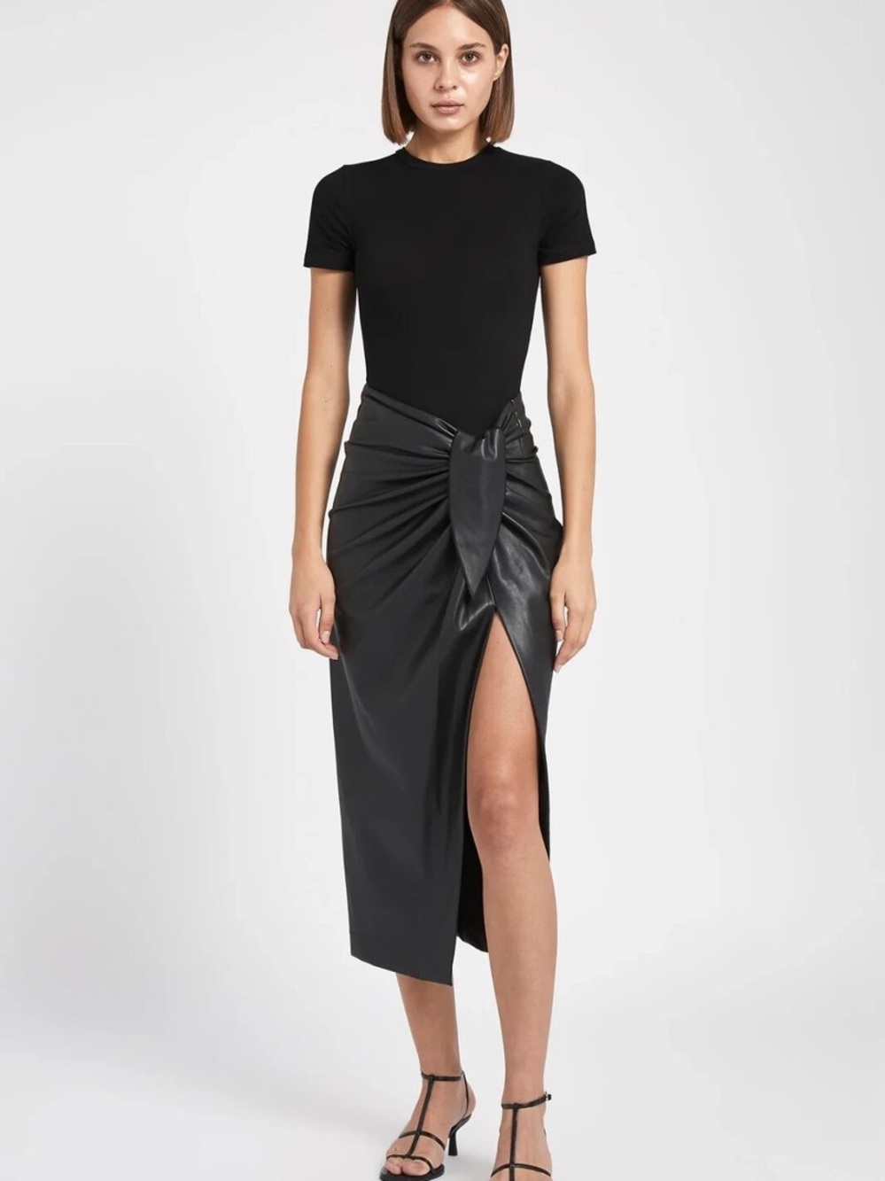 Because Of Alice BOA High Waisted Faux Leather Sarong Wrap Midi Skirt Black L
